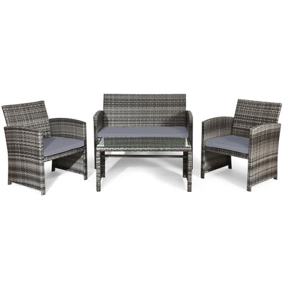 4 Pieces Patio Rattan Furniture Set with Glass Table and Loveseat-Gray