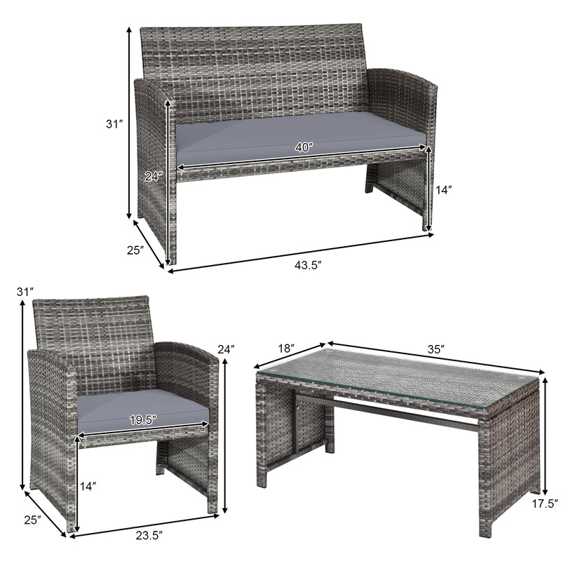 4 Pieces Patio Rattan Furniture Set with Glass Table and Loveseat-Gray