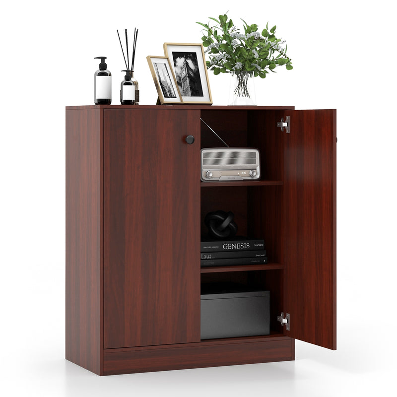 2-Door Modern Floor Storage Cabinet with 3-Tier Shelf-Brown