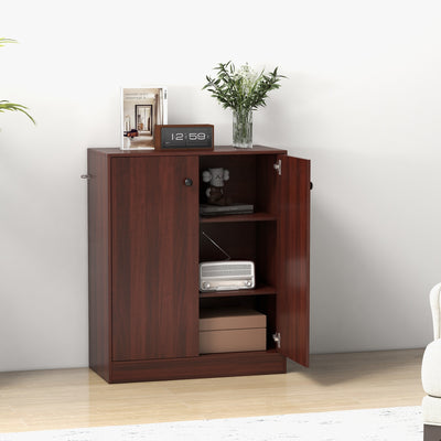 2-Door Modern Floor Storage Cabinet with 3-Tier Shelf-Brown