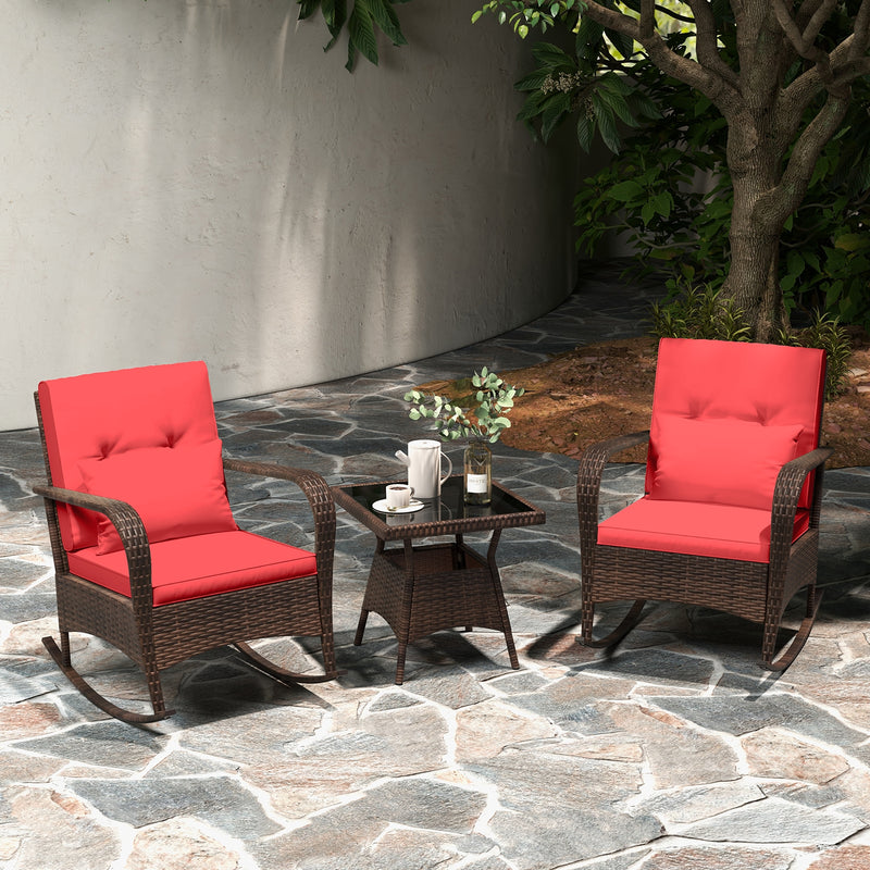 3 Pieces Outdoor Rocking Set with Tempered Glass Coffee Table for Backyard Poolside-Red