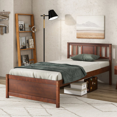 Wooden Platform Bed with Headboard and Slat Support-Twin Size