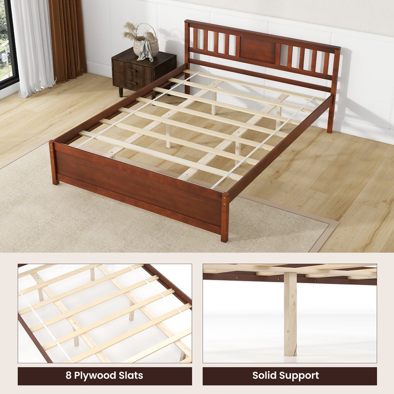 Wooden Platform Bed with Headboard and Slat Support-Queen Size