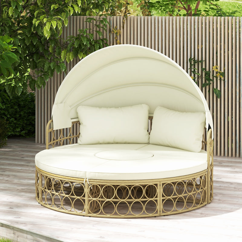 Outdoor Patio Round Daybed with Retractable Canopy and Soft Cushions-White