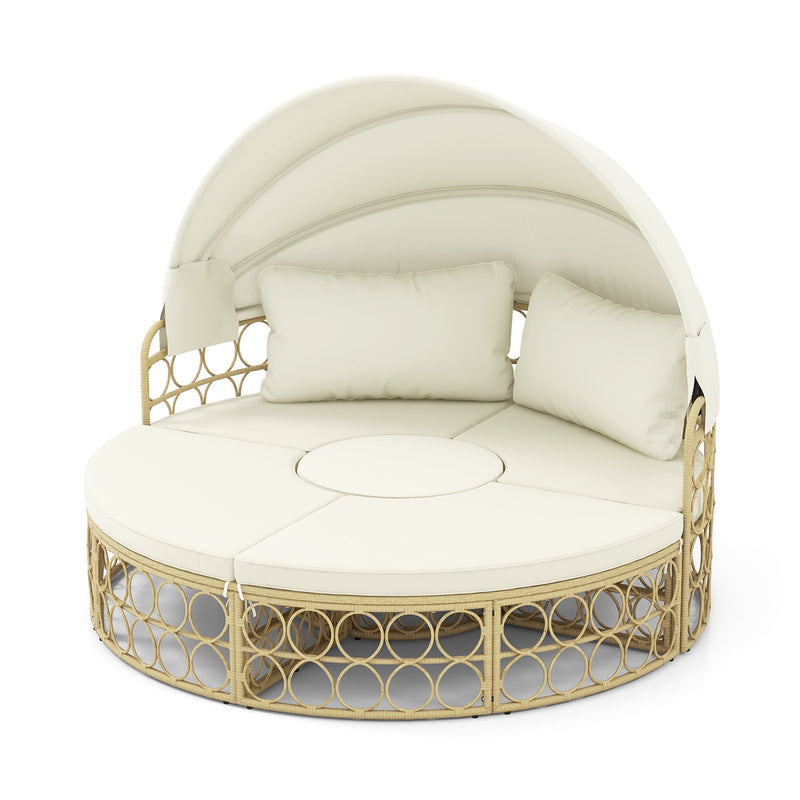 Outdoor Patio Round Daybed with Retractable Canopy and Soft Cushions-White