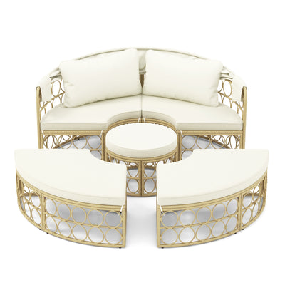 Outdoor Patio Round Daybed with Retractable Canopy and Soft Cushions-White