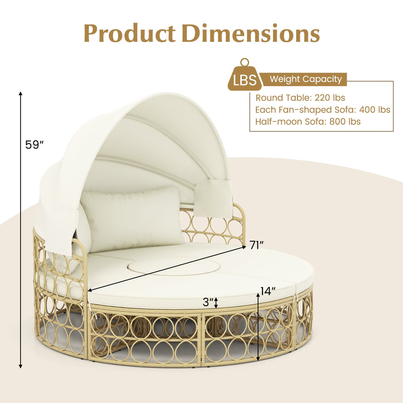 Outdoor Patio Round Daybed with Retractable Canopy and Soft Cushions-White