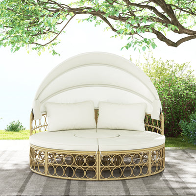 Outdoor Patio Round Daybed with Retractable Canopy and Soft Cushions-White