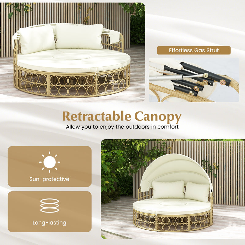 Outdoor Patio Round Daybed with Retractable Canopy and Soft Cushions-White