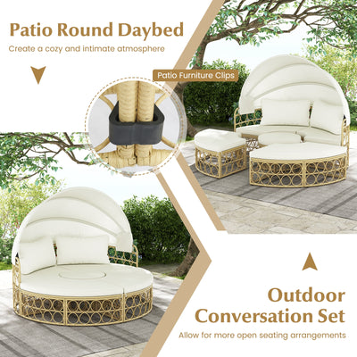 Outdoor Patio Round Daybed with Retractable Canopy and Soft Cushions-White