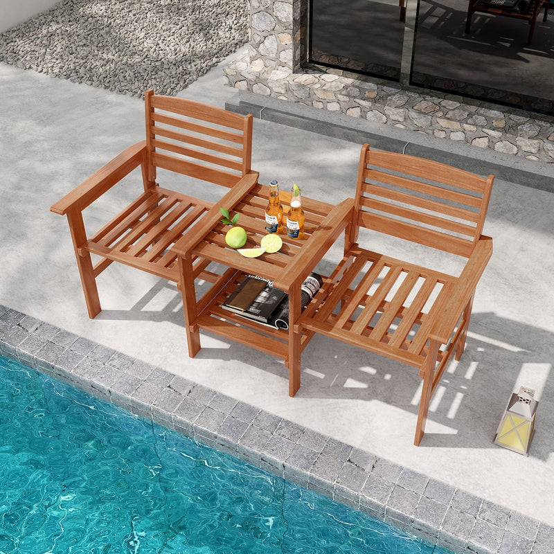 Outdoor Patio Wood 2-Seat Conversation Set with Coffee Table and Umbrella Hole