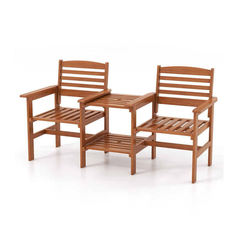 Outdoor Patio Wood 2-Seat Conversation Set with Coffee Table and Umbrella Hole