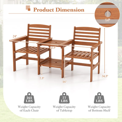 Outdoor Patio Wood 2-Seat Conversation Set with Coffee Table and Umbrella Hole