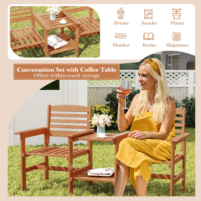 Outdoor Patio Wood 2-Seat Conversation Set with Coffee Table and Umbrella Hole