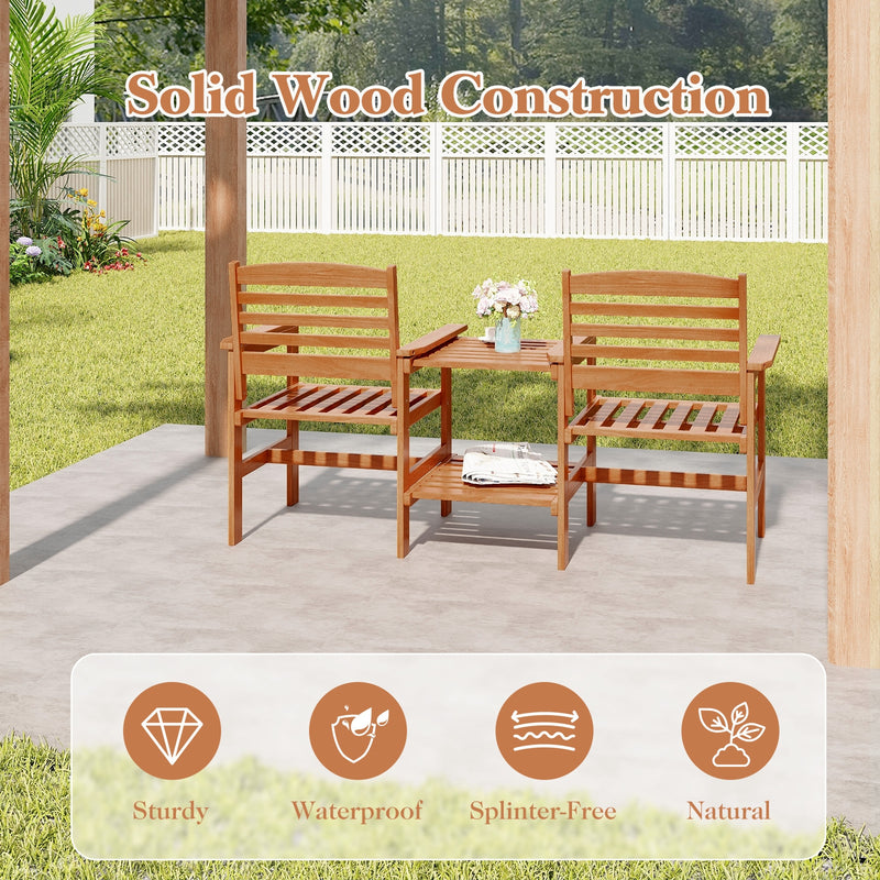 Outdoor Patio Wood 2-Seat Conversation Set with Coffee Table and Umbrella Hole