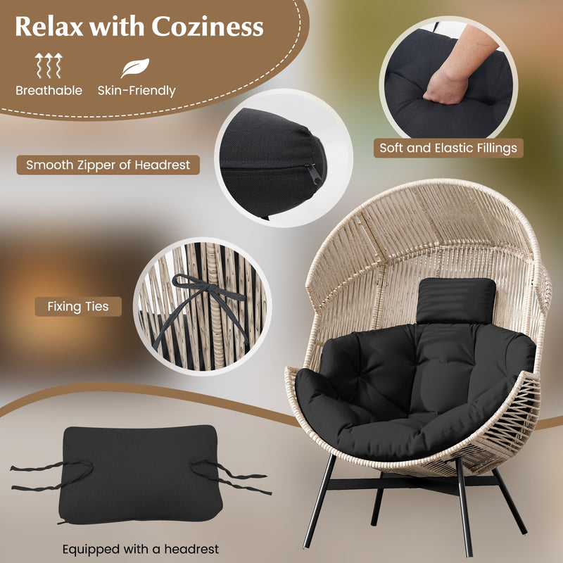 Wicker Oversized Egg Style Chair with Cushions and Headrest-Black