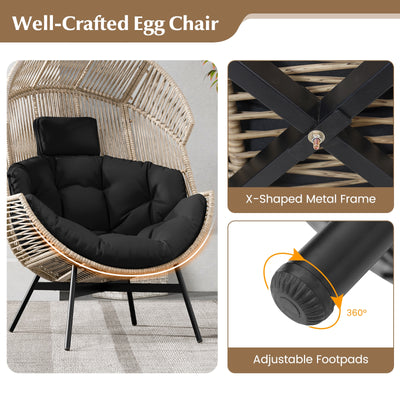 Wicker Oversized Egg Style Chair with Cushions and Headrest-Black