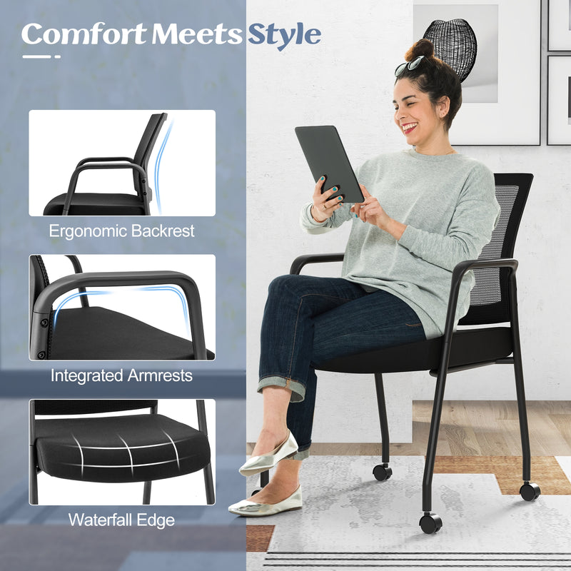 2 Pieces Office Guest Chairs on Wheels with Metal Frame and Armrests-Black