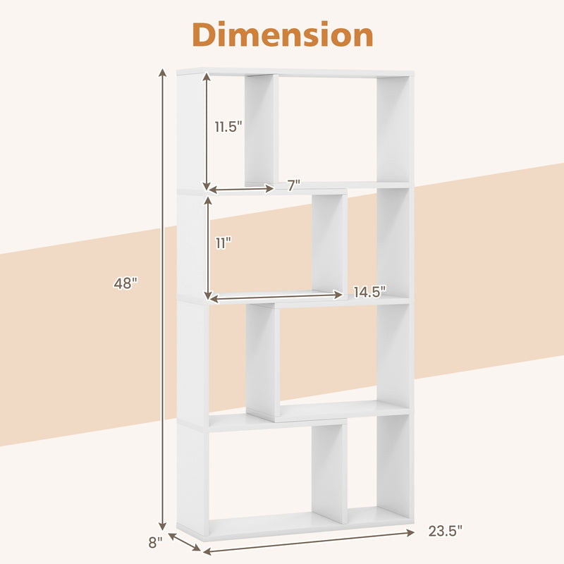 48 Inch 4-Tier Geometric Bookshelf with 8 Cubes for Living Room Bedroom-White