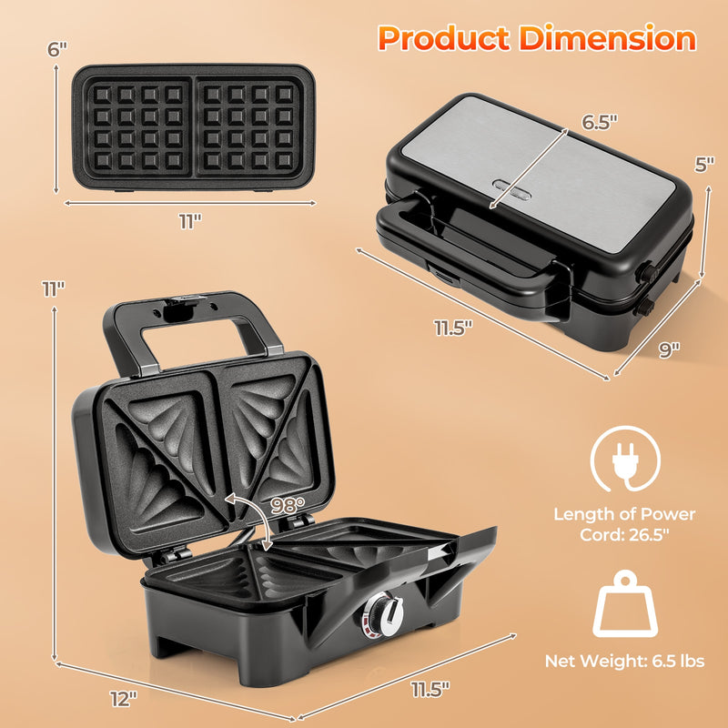 3-in-1 1200W Sandwich Maker with Removable Non-Stick Plates-Black