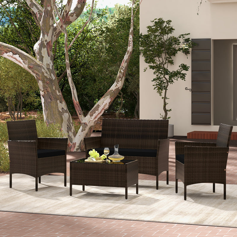 4 Piece Patio Rattan Conversation Set with Cozy Seat Cushions-Black