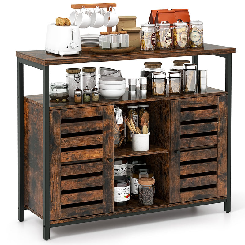 Buffet Cabinet Industrial Sideboard Storage Cabinet with Push-to-Open Slatted Door and 3 Adjustable Shelves-Rustic Brown