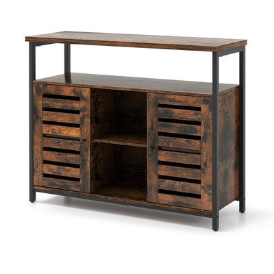 Buffet Cabinet Industrial Sideboard Storage Cabinet with Push-to-Open Slatted Door and 3 Adjustable Shelves-Rustic Brown