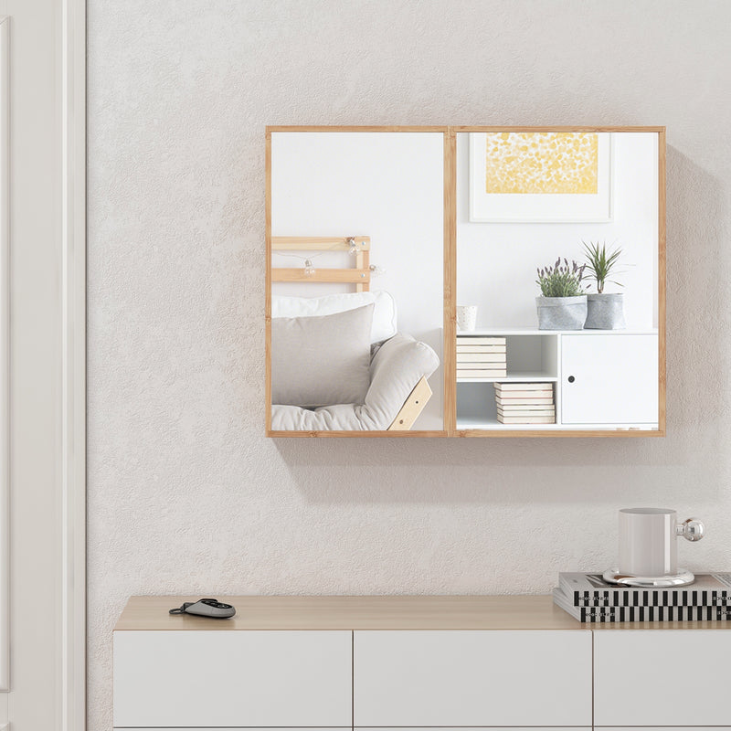 Double Door Bathroom Wall Cabinet with Mirror and  Adjustable Shelves-Natural