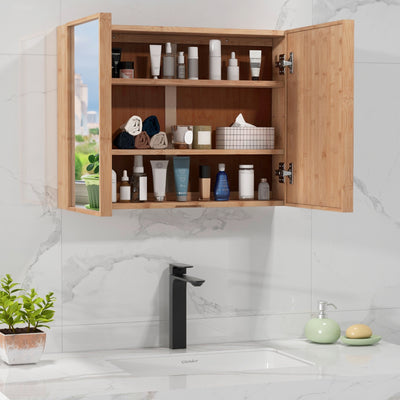 Double Door Bathroom Wall Cabinet with Mirror and  Adjustable Shelves-Natural