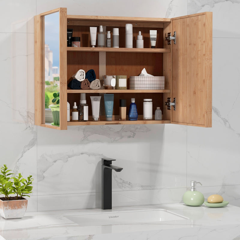 Double Door Bathroom Wall Cabinet with Mirror and  Adjustable Shelves-Natural