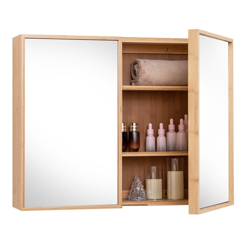 Double Door Bathroom Wall Cabinet with Mirror and  Adjustable Shelves-Natural