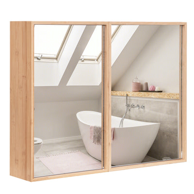 Double Door Bathroom Wall Cabinet with Mirror and  Adjustable Shelves-Natural