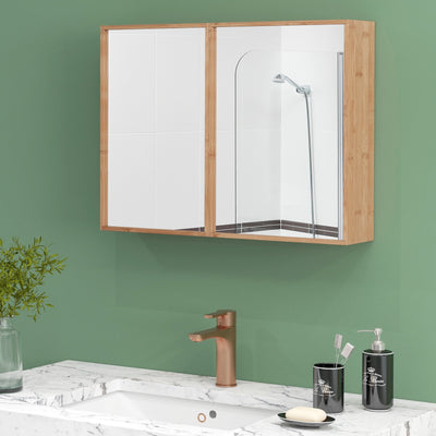 Double Door Bathroom Wall Cabinet with Mirror and  Adjustable Shelves-Natural