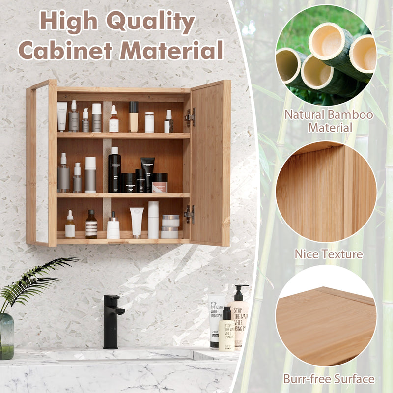 Double Door Bathroom Wall Cabinet with Mirror and  Adjustable Shelves-Natural