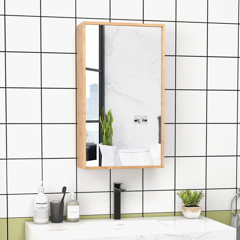 Bamboo Bathroom Wall Cabinet with Mirror with 2 Adjustable Shelves-Natural