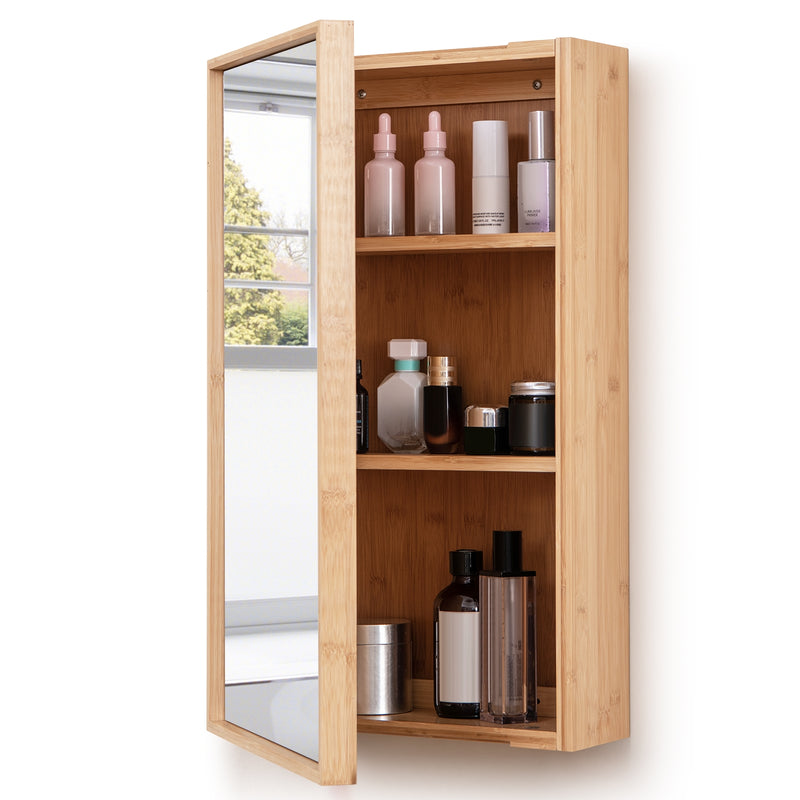 Bamboo Bathroom Wall Cabinet with Mirror with 2 Adjustable Shelves-Natural