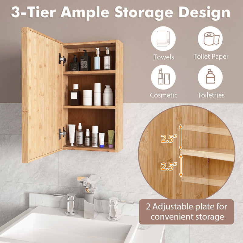 Bamboo Bathroom Wall Cabinet with Mirror with 2 Adjustable Shelves-Natural