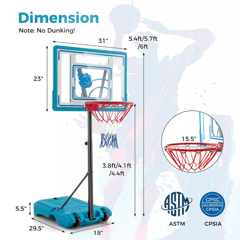 3.8-4.4 Feet Height Adjustable Pool Basketball Hoop for Kids Teens and Adults-Blue