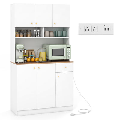 71 Inch Tall Pantry Cabinet with Outlets for Dining Room-White