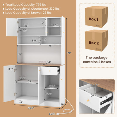 71 Inch Tall Pantry Cabinet with Outlets for Dining Room-White