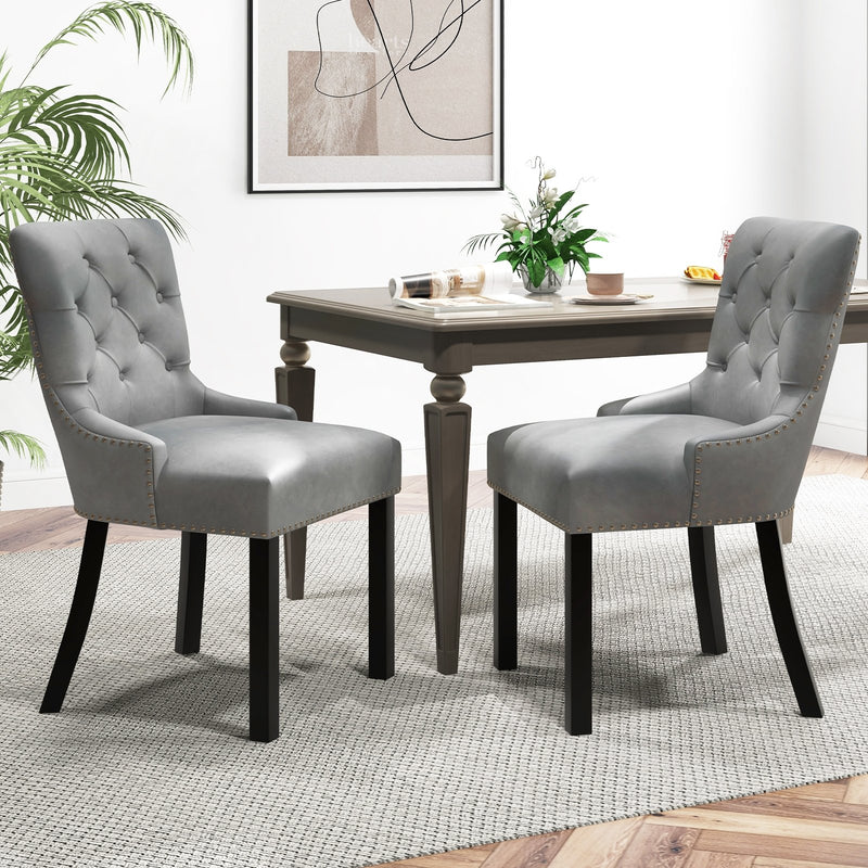 Upholstered Dining Chairs Set of 2 Tufted Wingback Chairs with Rubber Wood Legs-Gray