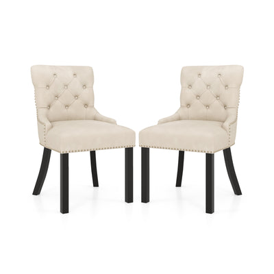 Upholstered Dining Chairs Set of 2 Tufted Wingback Chairs with Rubber Wood Legs-Beige