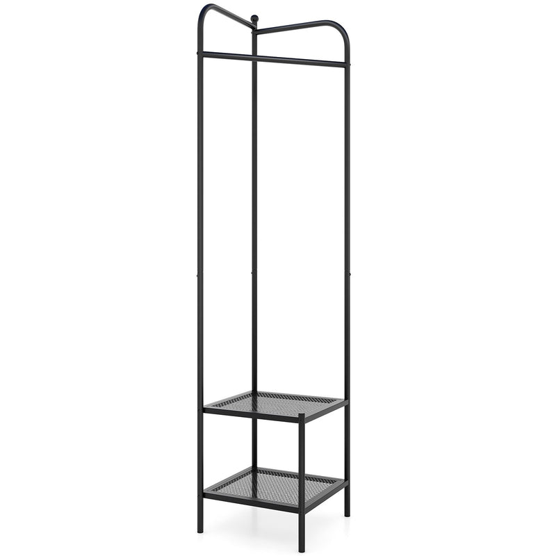 Corner Coat Rack with Top Hanger and 2 Mesh Shelves for Entryway Hallway Living Room Bedroom-Black