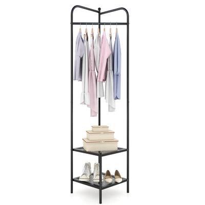 Corner Coat Rack with Top Hanger and 2 Mesh Shelves for Entryway Hallway Living Room Bedroom-Black