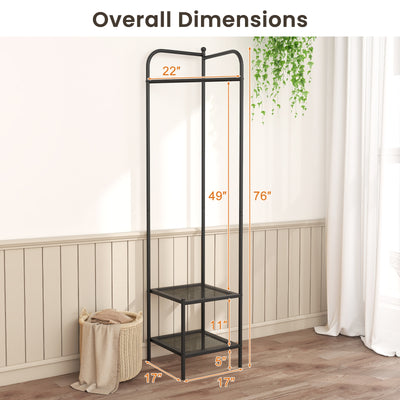 Corner Coat Rack with Top Hanger and 2 Mesh Shelves for Entryway Hallway Living Room Bedroom-Black