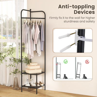 Corner Coat Rack with Top Hanger and 2 Mesh Shelves for Entryway Hallway Living Room Bedroom-Black