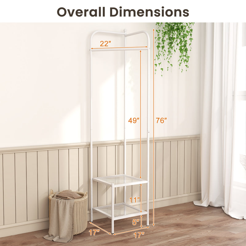 Corner Coat Rack with Top Hanger and 2 Mesh Shelves for Entryway Hallway Living Room Bedroom-White