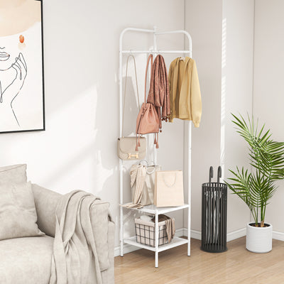 Corner Coat Rack with Top Hanger and 2 Mesh Shelves for Entryway Hallway Living Room Bedroom-White