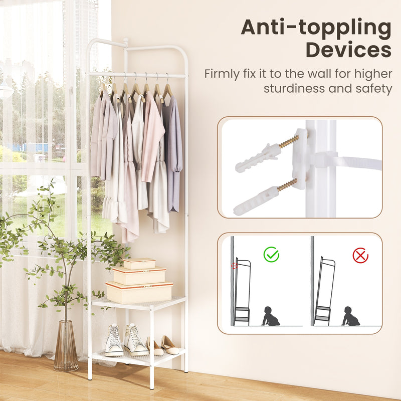 Corner Coat Rack with Top Hanger and 2 Mesh Shelves for Entryway Hallway Living Room Bedroom-White