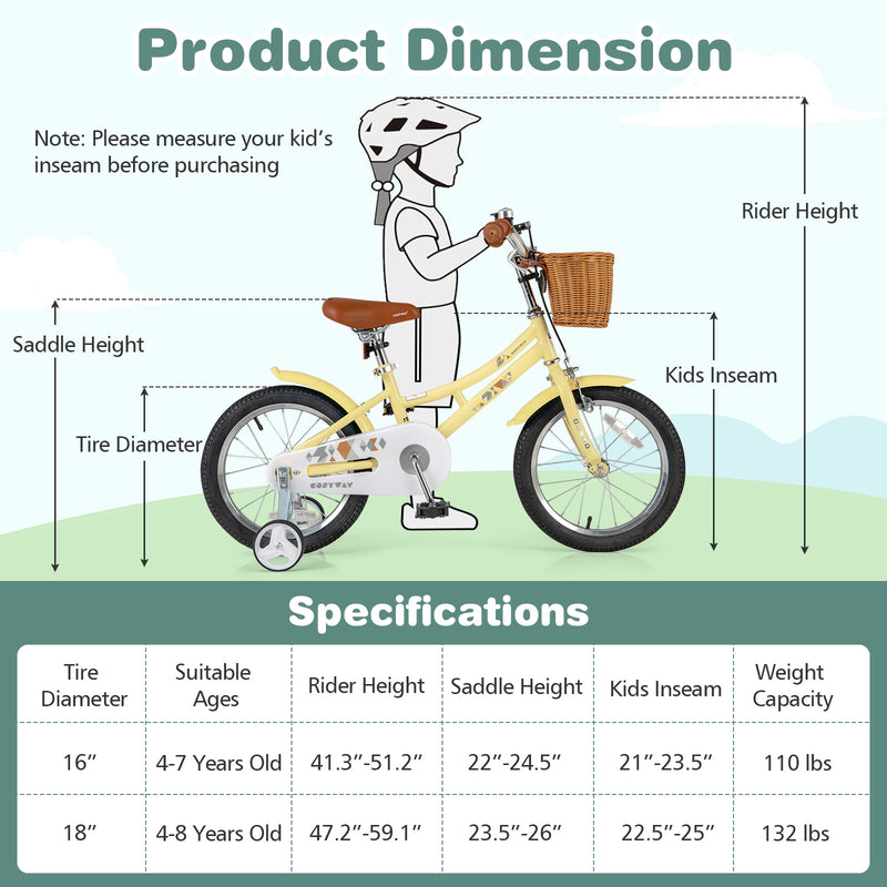 16 Inch Kids Bike Adjustable Bicycle with Reflectors and Bell for Children 4-7 Years Old-16 inches